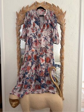 Banjanan Floral Maxi Dress in White with Blue & Pink Pattern